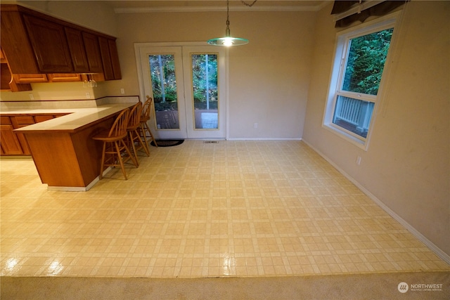 kitchen with crown molding, a healthy amount of sunlight, and decorative light fixtures