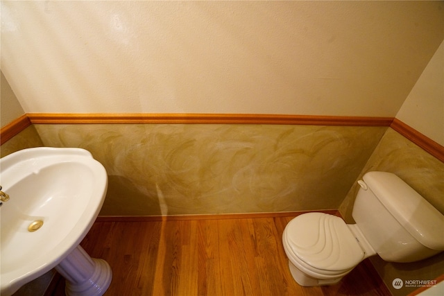 bathroom featuring toilet, sink, and wood-type flooring