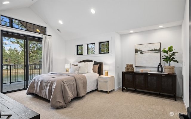 carpeted bedroom with high vaulted ceiling and access to outside