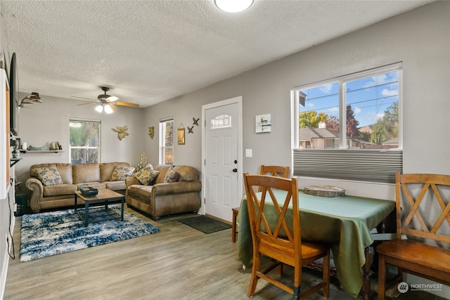 interior space with a textured ceiling, light wood-type flooring, and ceiling fan