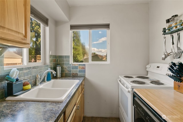 kitchen featuring dishwasher, light brown cabinets, backsplash, sink, and electric range