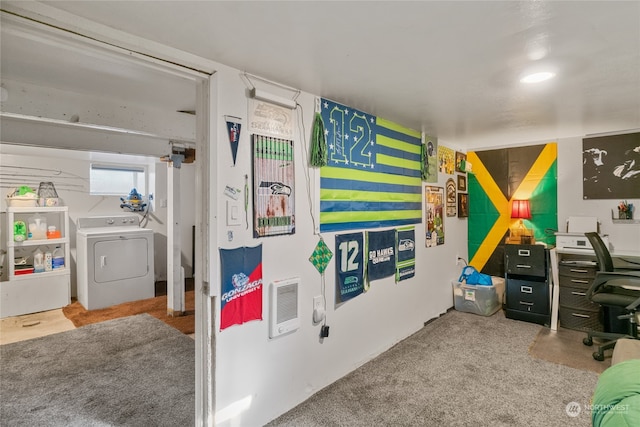 carpeted office featuring washer / dryer and heating unit