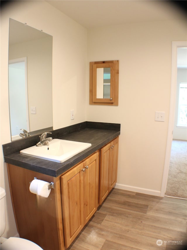 bathroom featuring vanity, toilet, and hardwood / wood-style floors