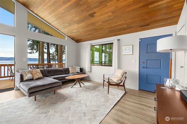 living room featuring plenty of natural light, a water view, high vaulted ceiling, and wooden ceiling