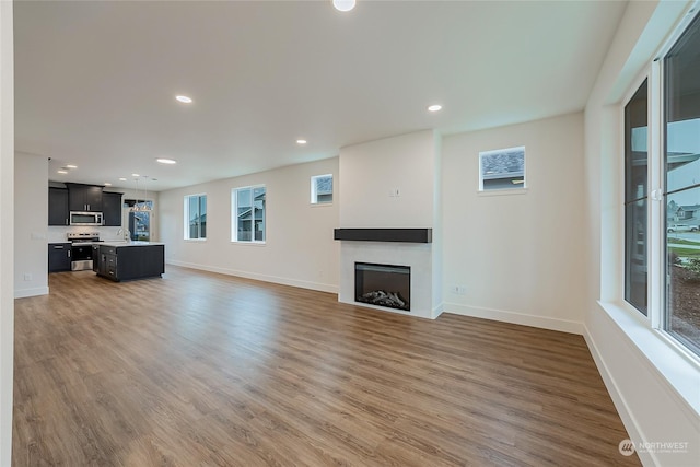 unfurnished living room with hardwood / wood-style flooring and sink