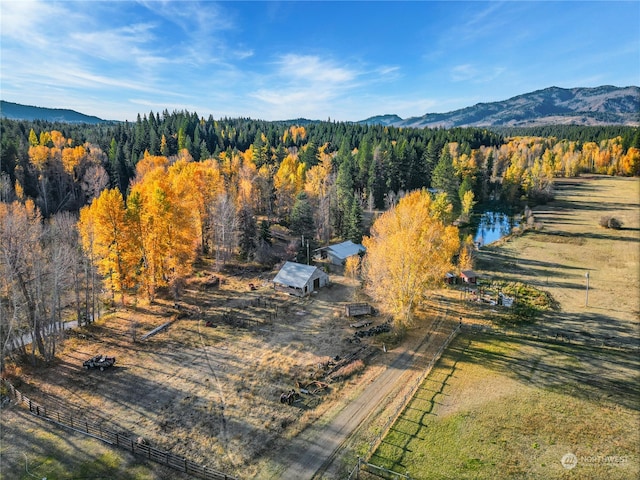 aerial view featuring a mountain view and a rural view