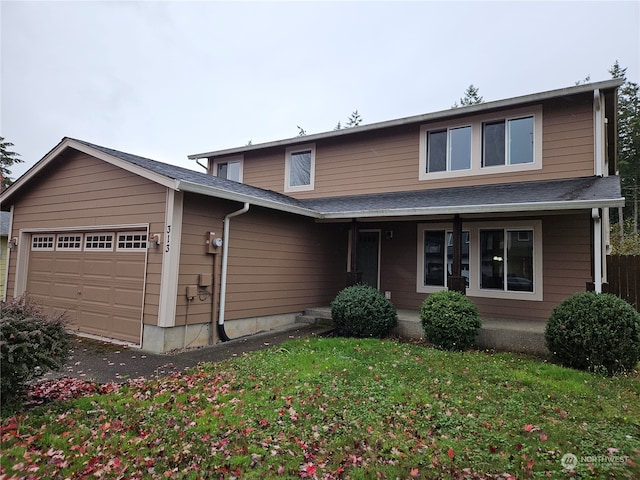 front facade with a front lawn, covered porch, and a garage