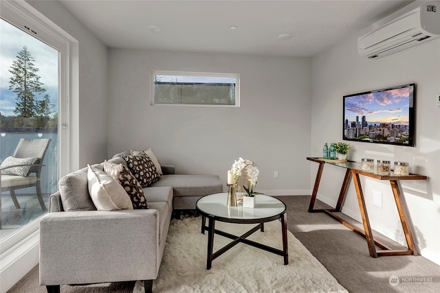 living room with light carpet and a wall mounted air conditioner