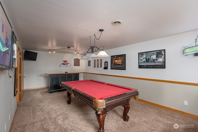 recreation room with carpet flooring and billiards