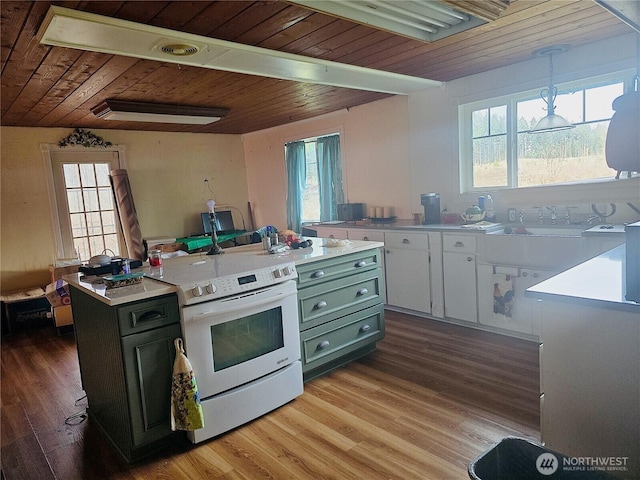 35919 8th Ave S, Roy, WA 98580 - kitchen featuring white electric range, wood ceiling, light countertops, white cabinets, and plenty of natural light