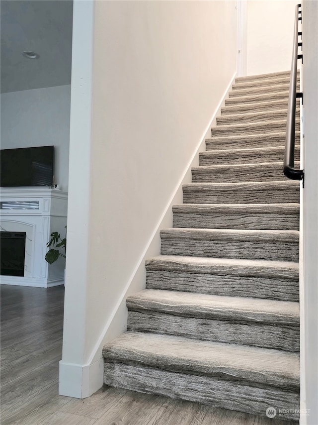 staircase with hardwood / wood-style floors