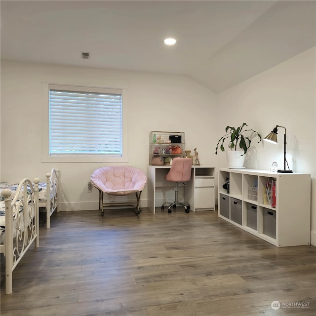 misc room featuring dark hardwood / wood-style flooring and vaulted ceiling