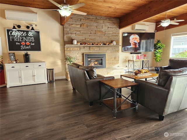 living room featuring wood ceiling, a stone fireplace, dark hardwood / wood-style flooring, and a wall mounted air conditioner