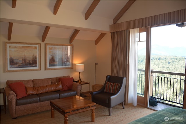 living room with lofted ceiling with beams and light wood-type flooring