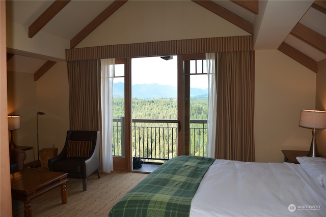 carpeted bedroom with access to exterior, beamed ceiling, and high vaulted ceiling