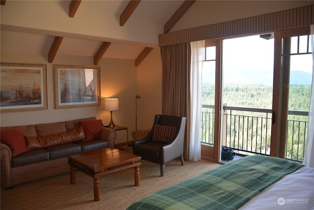 carpeted bedroom featuring multiple windows, access to exterior, and lofted ceiling with beams