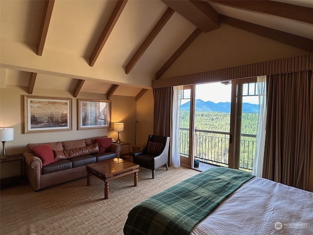 carpeted bedroom with lofted ceiling with beams, a mountain view, and access to outside