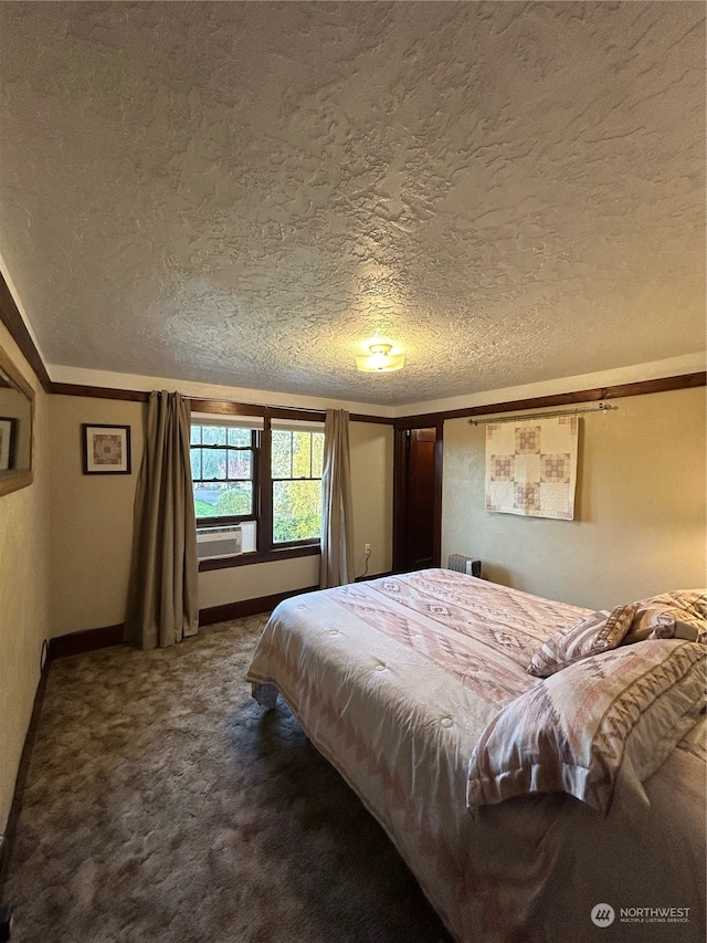 bedroom featuring carpet flooring, crown molding, a textured ceiling, and cooling unit