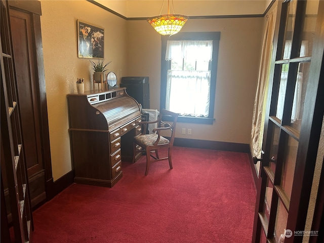 office space with dark colored carpet