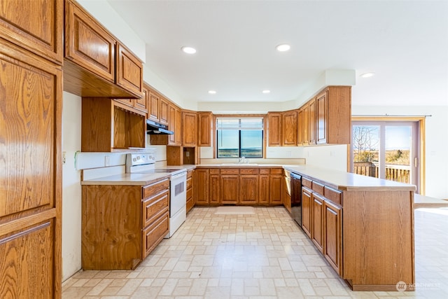 kitchen with white range with electric stovetop, a wealth of natural light, sink, and black dishwasher