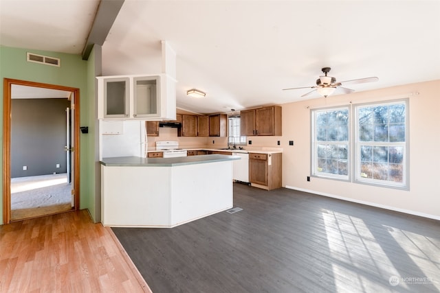 kitchen featuring range hood, vaulted ceiling, light hardwood / wood-style floors, white appliances, and ceiling fan