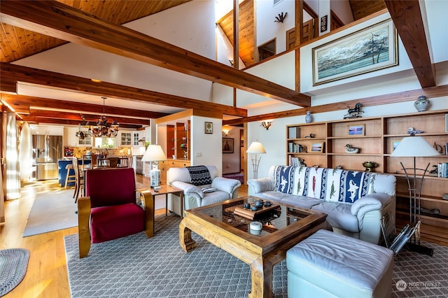 308 De Haro Ln, San Juan Island, WA 98250 - living room with an inviting chandelier, vaulted ceiling with beams, and wood finished floors