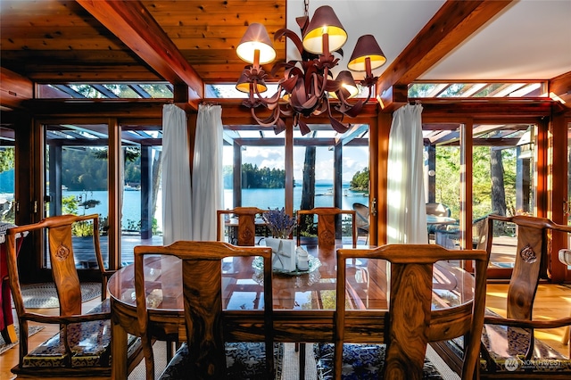 dining room featuring a notable chandelier, beamed ceiling, wood-type flooring, and a water view