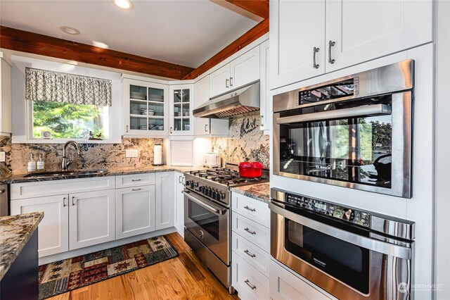 308 De Haro Ln, San Juan Island, WA 98250 - kitchen with appliances with stainless steel finishes, a sink, light wood-style flooring, dark stone counters, and under cabinet range hood