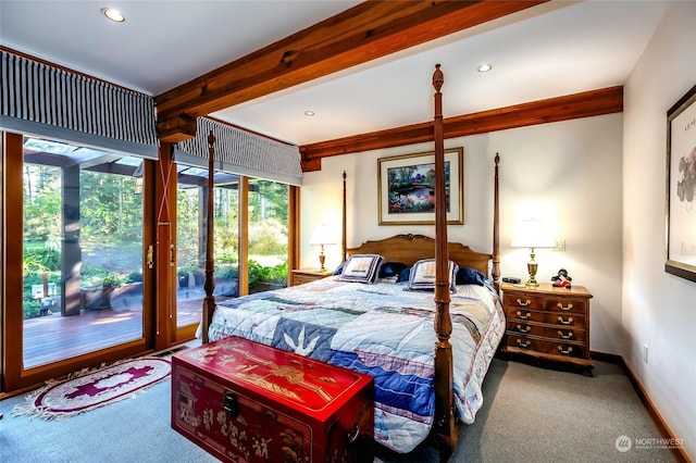 308 De Haro Ln, San Juan Island, WA 98250 - carpeted bedroom featuring access to outside, baseboards, beam ceiling, and multiple windows