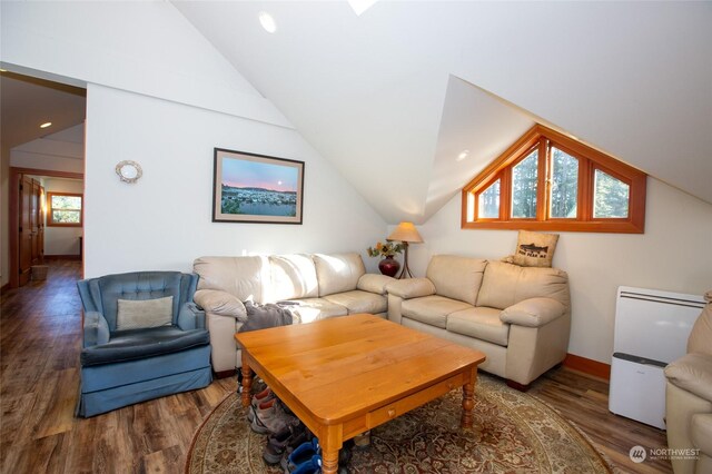 308 De Haro Ln, San Juan Island, WA 98250 - living area with recessed lighting, baseboards, vaulted ceiling, and wood finished floors