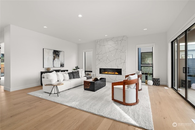 living room with a fireplace and light hardwood / wood-style floors