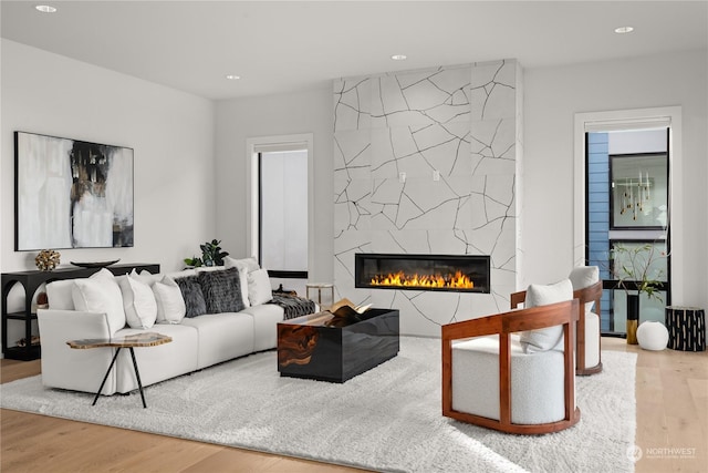 living room with hardwood / wood-style flooring and a large fireplace