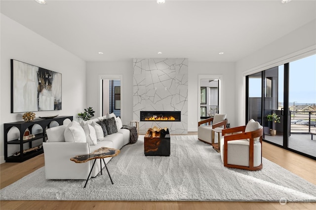 living room featuring a large fireplace and light hardwood / wood-style floors