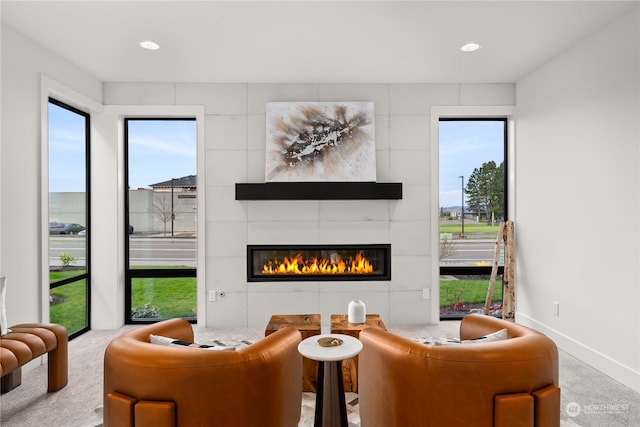 interior space featuring a fireplace and carpet flooring