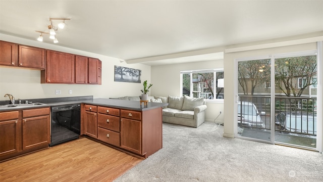 kitchen featuring kitchen peninsula, black dishwasher, light hardwood / wood-style floors, and sink