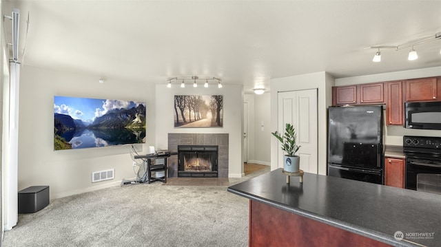 kitchen featuring a fireplace, carpet flooring, rail lighting, and black appliances