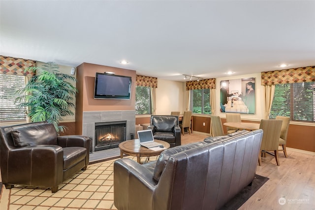 living room with light hardwood / wood-style floors and a fireplace