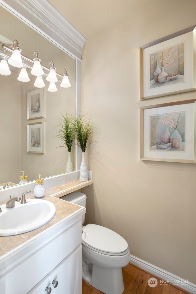 bathroom with vanity, hardwood / wood-style flooring, and toilet