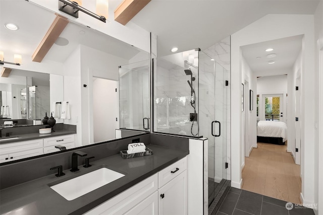 13468 HS9 NE 112th Pl, Redmond, WA 98052 - bathroom with connected bathroom, vanity, tile patterned floors, recessed lighting, and a shower stall