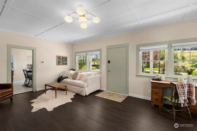 living room with dark hardwood / wood-style flooring