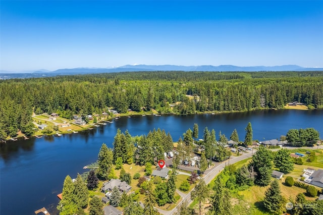 bird's eye view featuring a water and mountain view