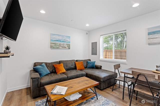 living room with electric panel and light wood-type flooring