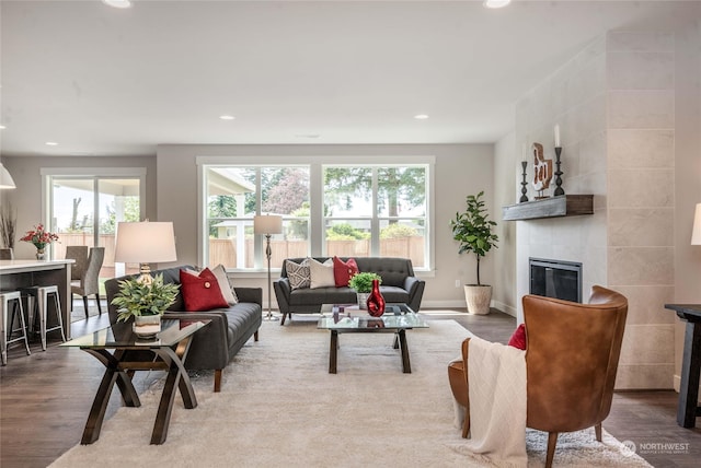 living room featuring light hardwood / wood-style flooring and a fireplace