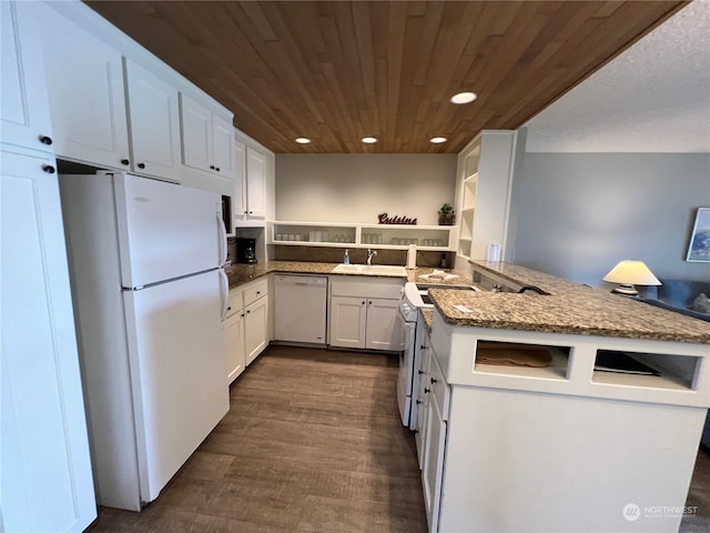 kitchen with white appliances, sink, dark hardwood / wood-style flooring, kitchen peninsula, and white cabinetry