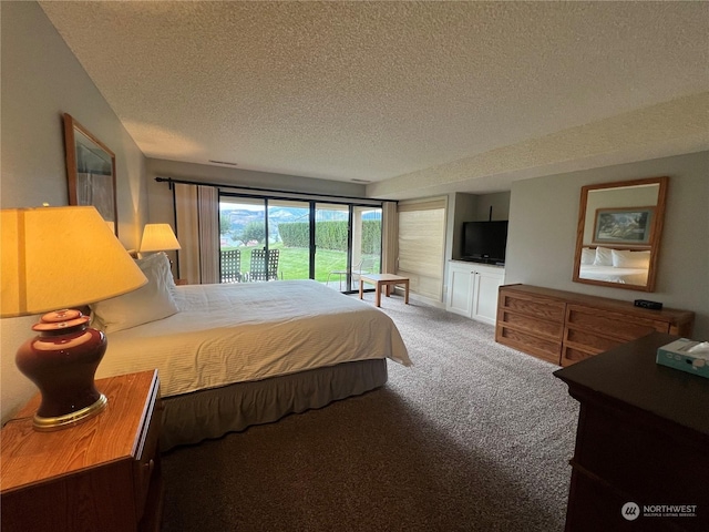 carpeted bedroom featuring a textured ceiling and access to outside