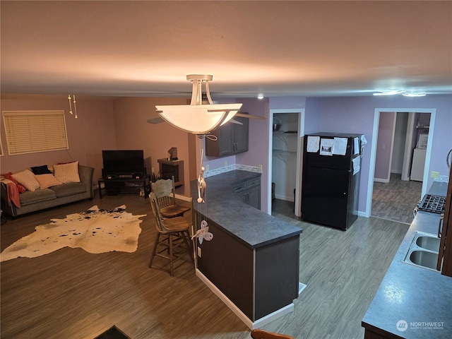 living room with hardwood / wood-style floors and sink