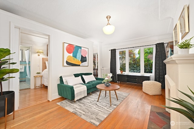 living room with crown molding, hardwood / wood-style floors, and a textured ceiling