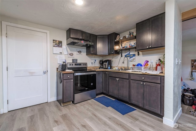 kitchen with sink, dark brown cabinetry, light wood-type flooring, and stainless steel electric range oven