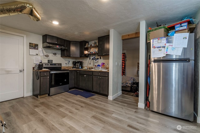 kitchen with a textured ceiling, sink, light hardwood / wood-style floors, dark brown cabinetry, and stainless steel appliances