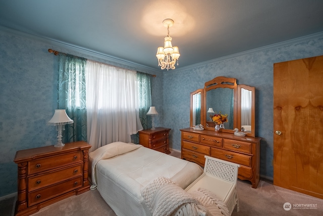 bedroom featuring light colored carpet, crown molding, and an inviting chandelier